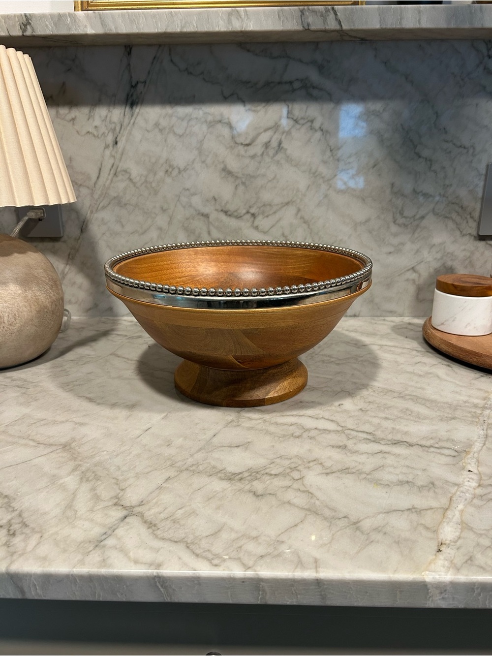 Wood Pedestal Serving Bowl with Silver Bead Rim - Brown